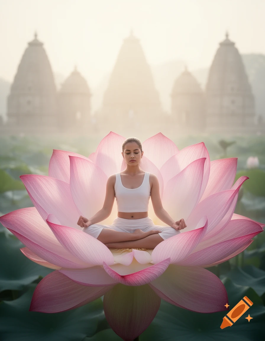 A woman meditates in the lotus position inside a giant pink lotus flower, with ancient temples visible in a misty background.