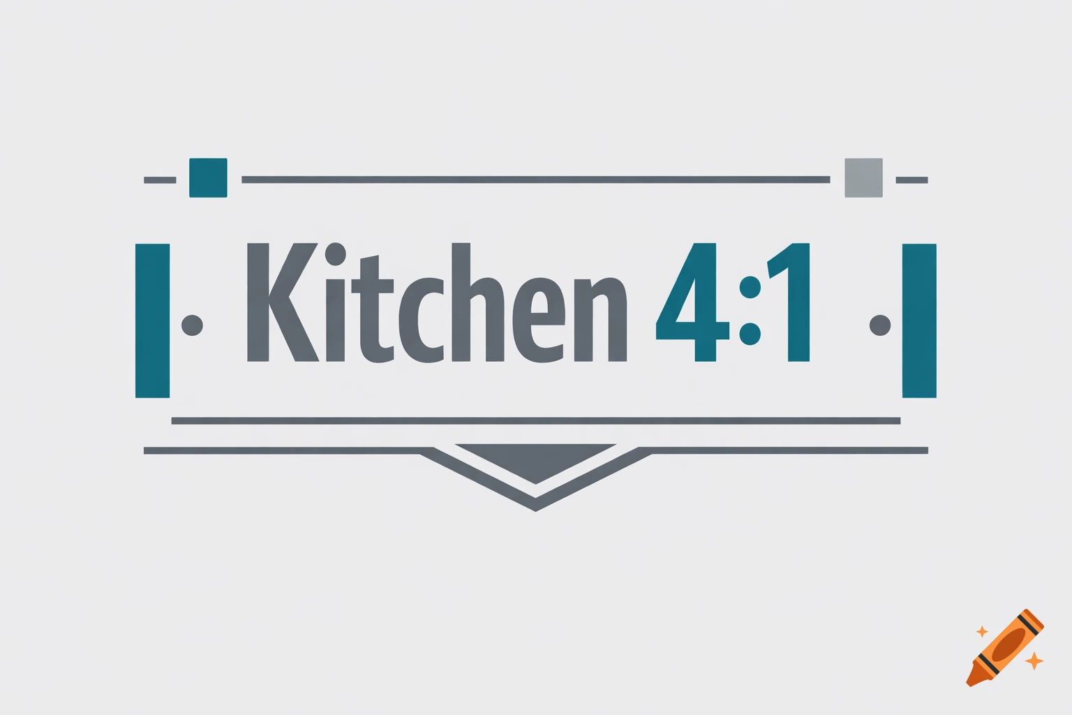 A graphic design for an elevator floor sign featuring the text 'Kitchen 4:1' in grey and teal, framed by lines on a light grey background.