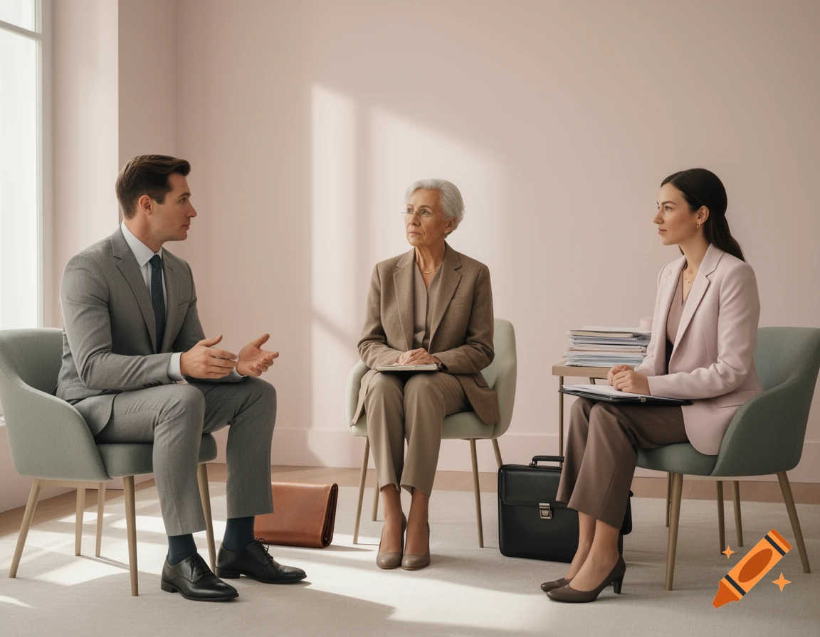 Three professionals, two women and one man, seated in a pastel-toned room for a consultation.