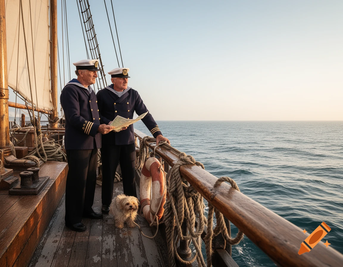Two elderly sailors and a small dog stand on a wooden boat deck, looking out at the calm ocean during sunset, one holding a map.