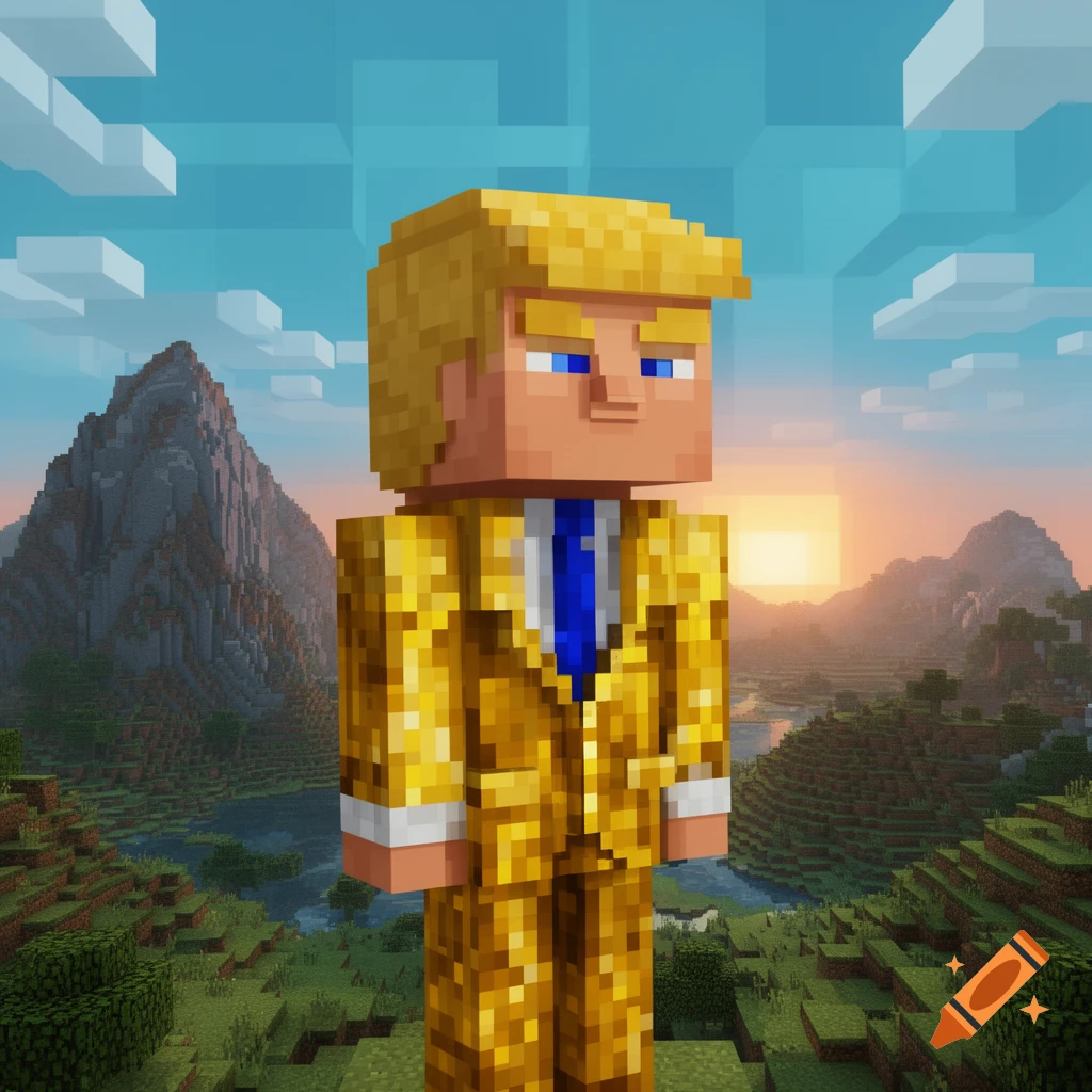 Minecraft-style character resembling Donald Trump in a golden suit, standing in a blocky landscape.
