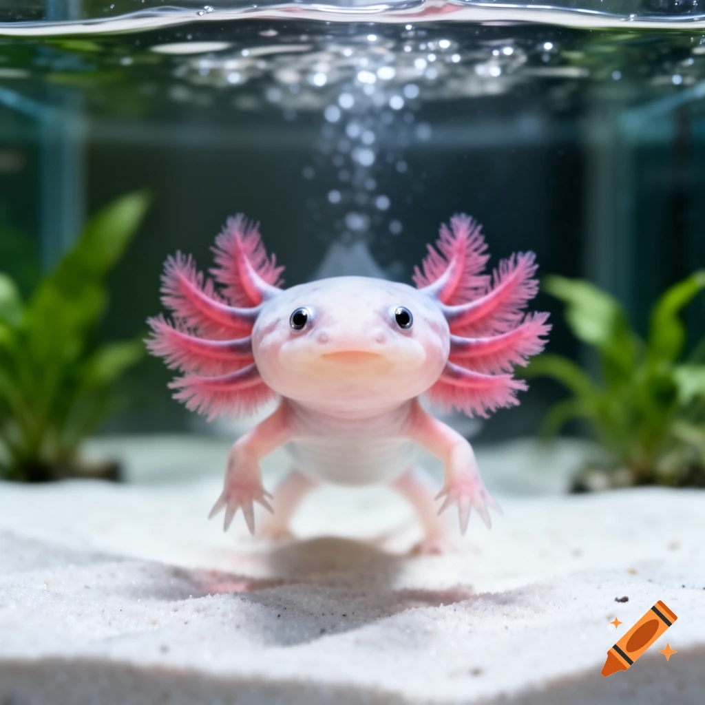 A cute pink and white axolotl with feathery gills stands on white sand in an aquarium with plants in the background.