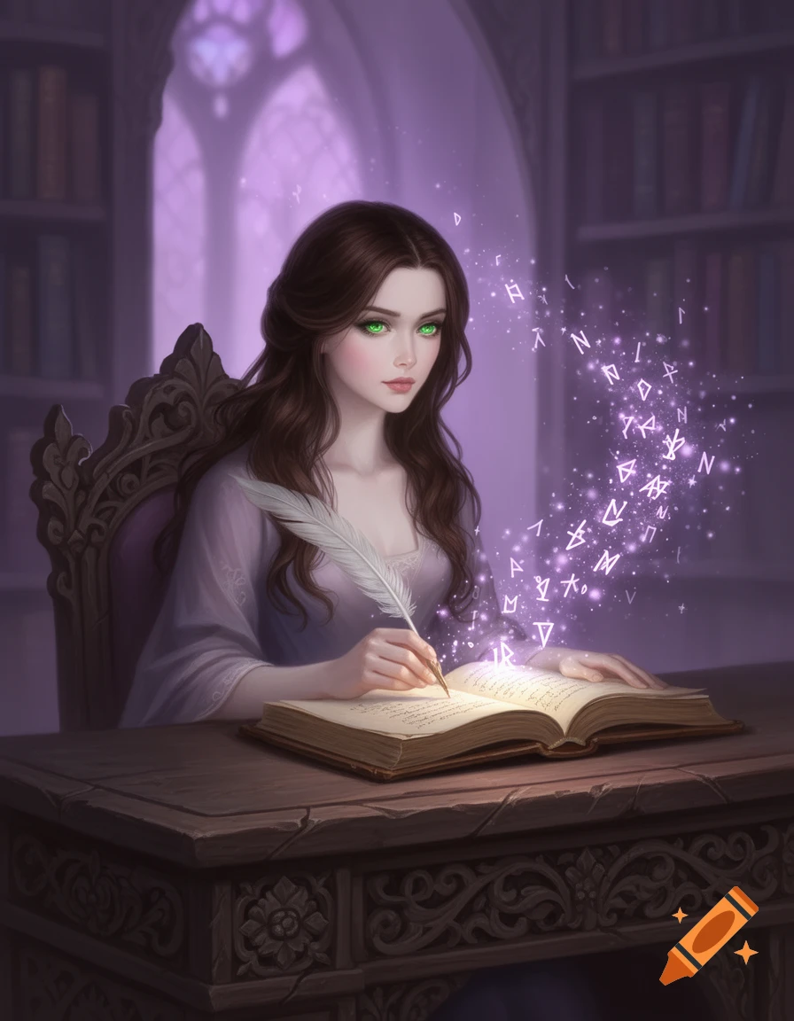 An elegant fantasy illustration of a pale-skinned woman with long dark hair and emerald eyes, writing in a magical grimoire with a quill. Glowing runes float around her in a mystical library bathed in purple light.