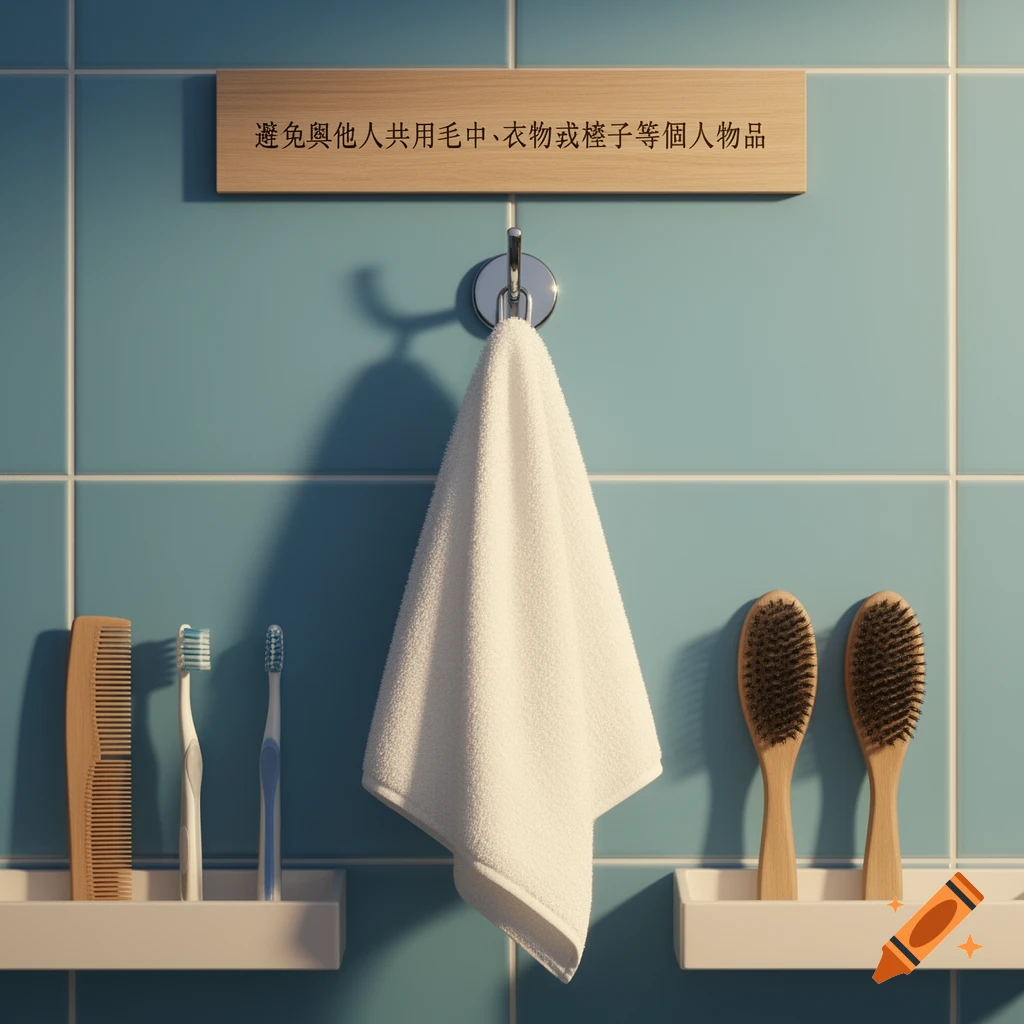 A bathroom scene with a white towel on a hook, toothbrushes, combs, and hairbrushes on shelves. A sign warns against sharing personal items.