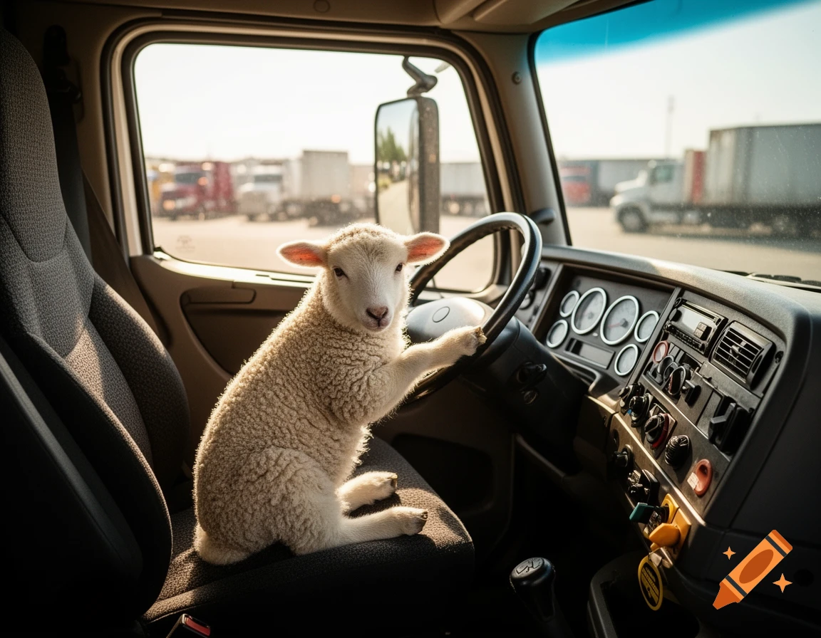A cute, fluffy lamb sits in the driver's seat of a semi-truck, its front hooves on the steering wheel, looking forward.