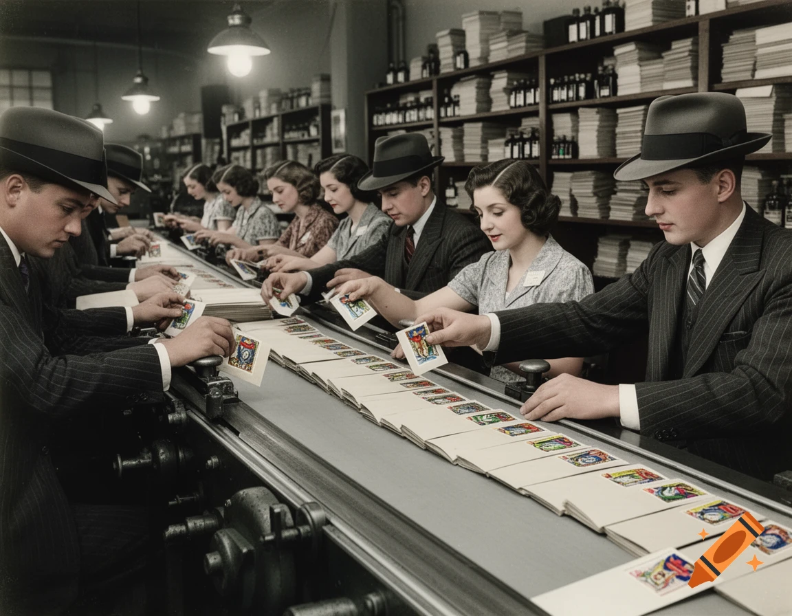 Men and women in 1930s attire work on an assembly line, attaching colorful stamps to envelopes.