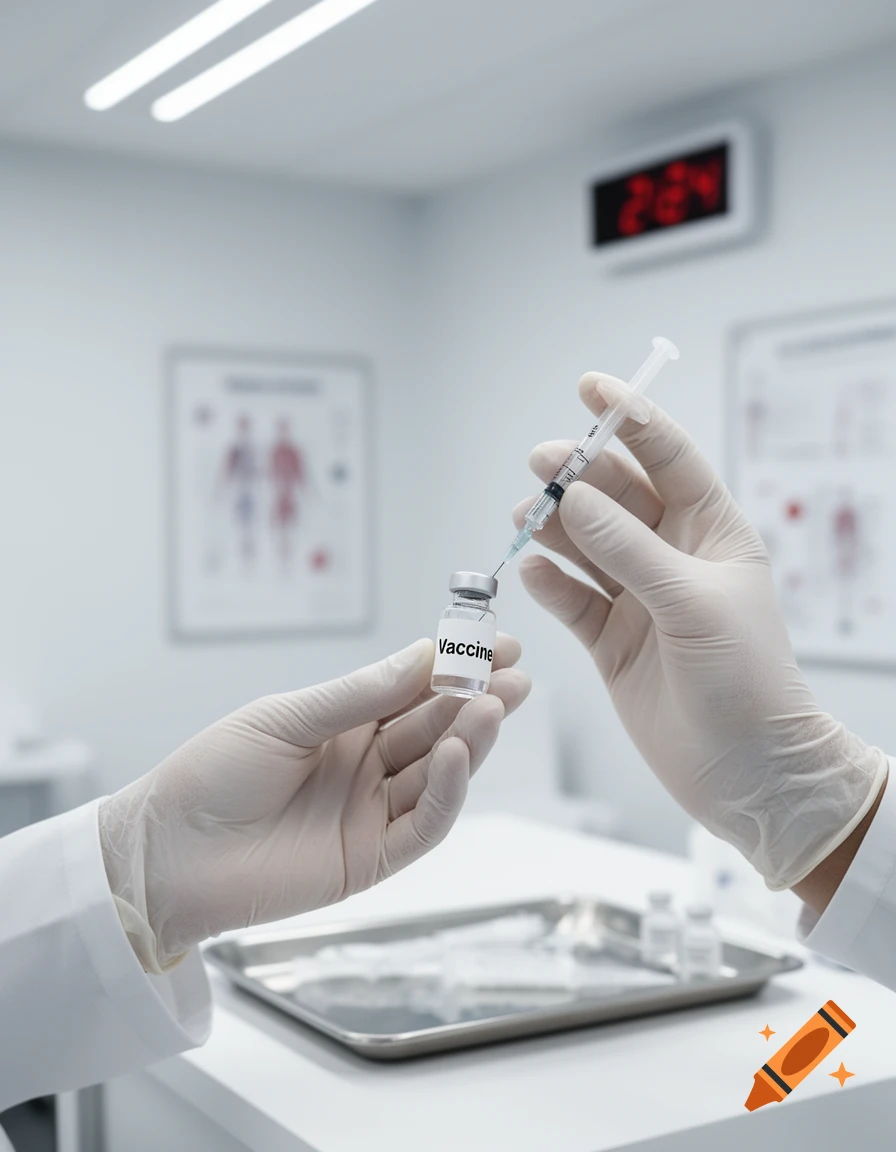 Close-up of gloved hands preparing a vaccine with a syringe from a vial in a sterile, medical environment.
