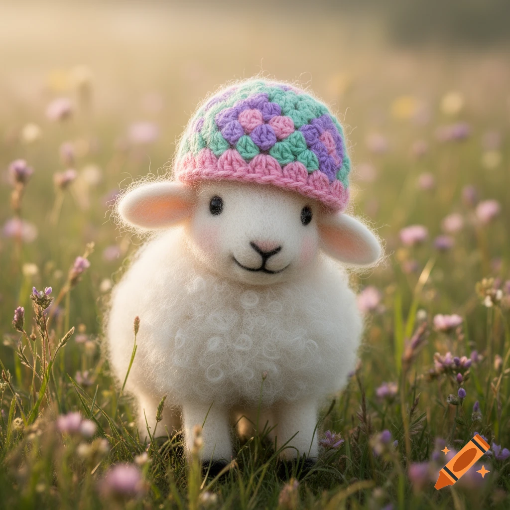 Adorable felt art lamb wearing a colorful crochet granny hat in a sunlit grassy field with purple flowers.