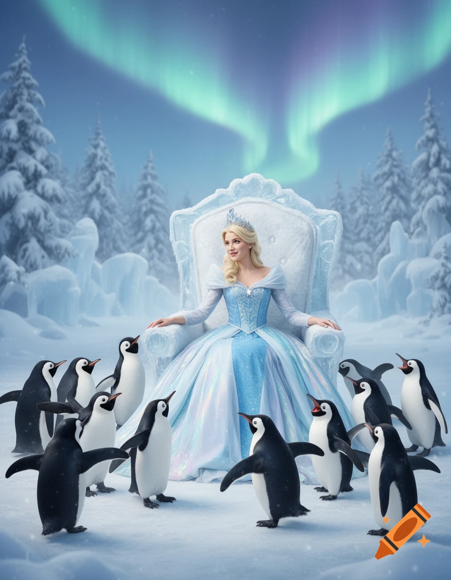 A blonde princess in a blue gown sits on an ornate ice throne, surrounded by many penguins in a snowy winter landscape under the aurora borealis.