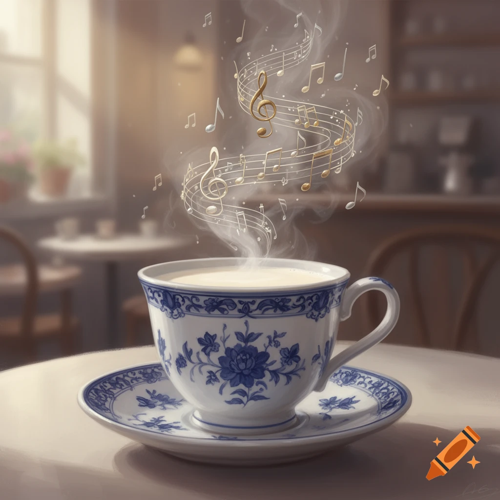 A hot beverage in a blue and white patterned teacup on a saucer, with swirling steam transforming into musical notes in a soft-focus cafe.