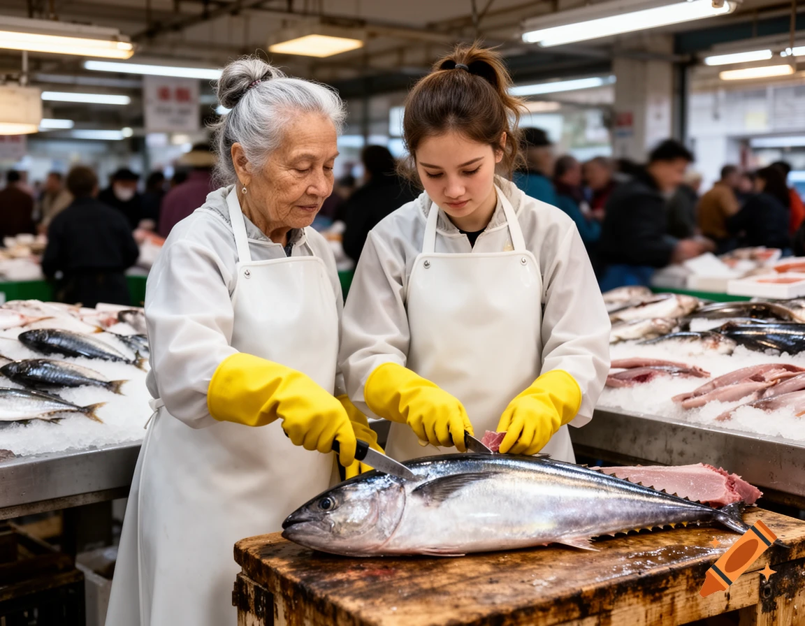 An old woman and a young woman in white aprons and yellow gloves clean a large fish at a bustling market stall.