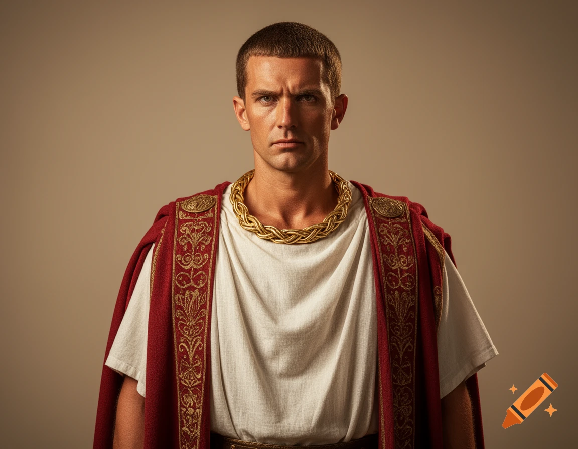 Photorealistic portrait of a serious man in ancient Roman attire: white tunic, red toga with gold trim, and a braided gold necklace.