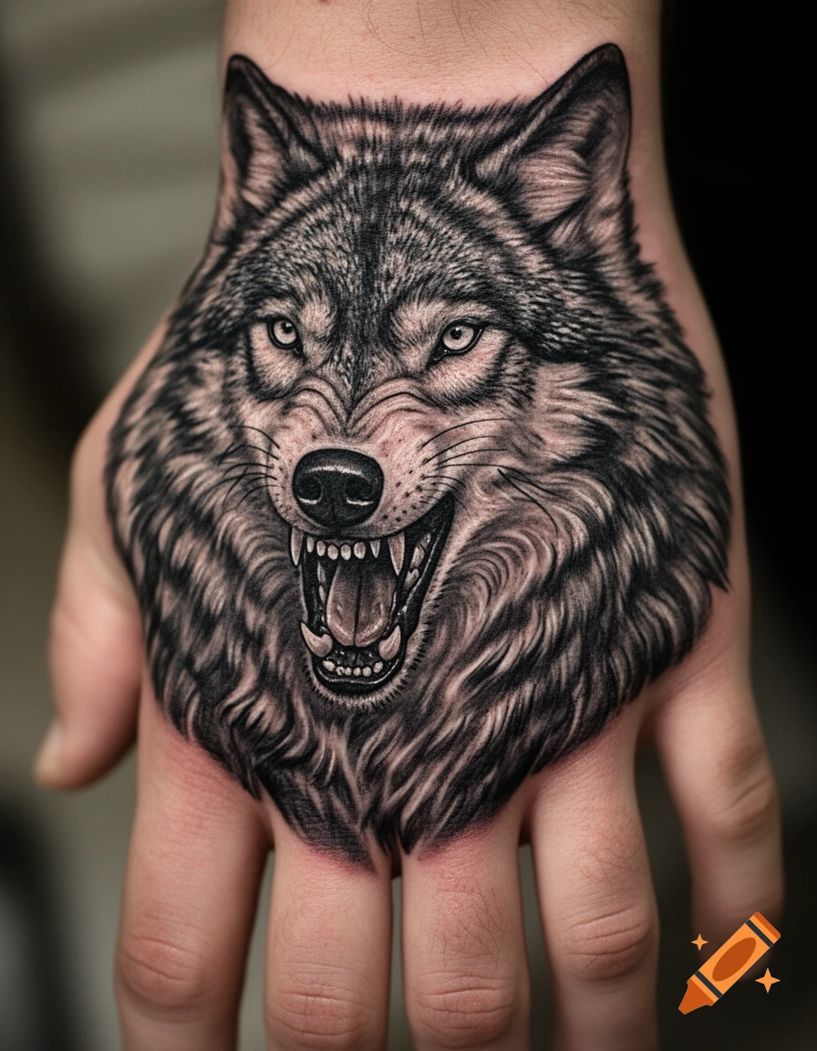 Detailed black and grey photorealistic snarling wolf tattoo on the back of a hand.