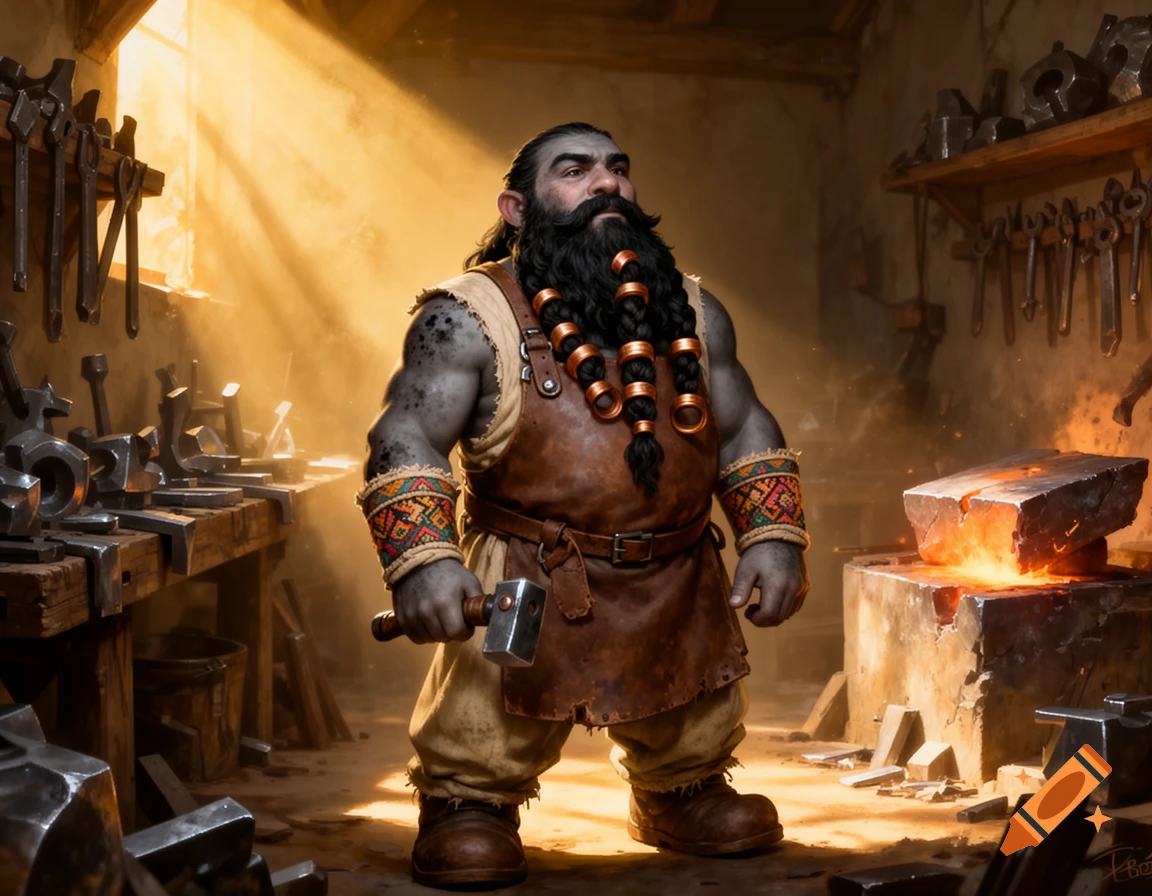 A muscular dwarven blacksmith with a braided beard and leather apron holds a hammer in a sunlit workshop with glowing metal on an anvil.