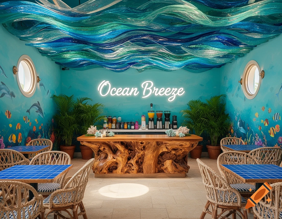 Photorealistic ocean-themed juice bar with a wavy blue ceiling ...
