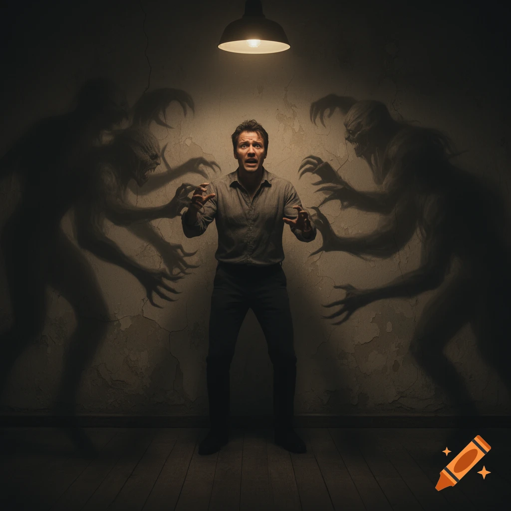 A scared man stands under a single light bulb, surrounded by menacing monster shadows on a grimy wall.