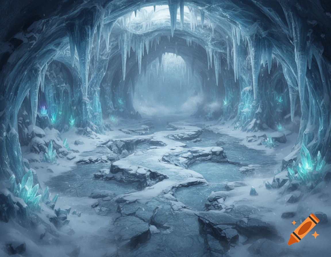 An ethereal ice cavern with glowing blue crystals, towering icicles, a snowy path, and frozen pools leading into a misty background.