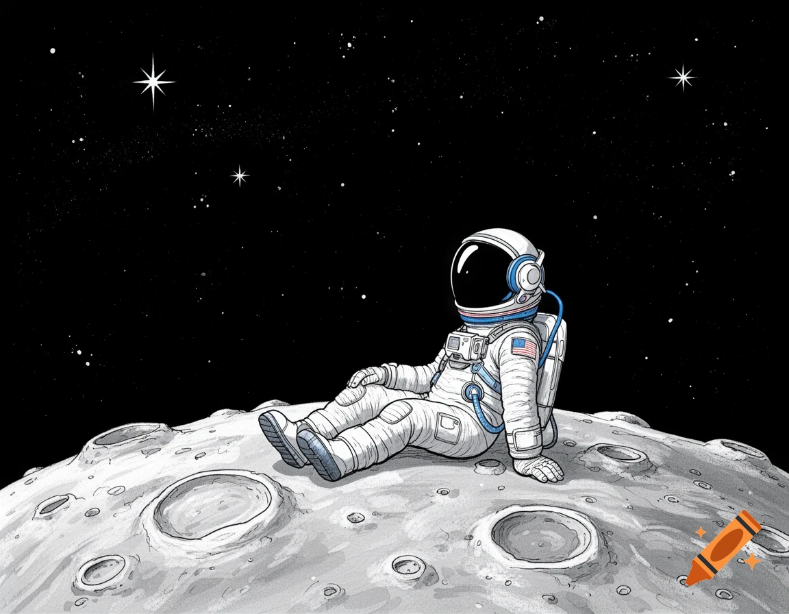 Cartoon astronaut in a white suit with blue headphones, sitting on the cratered surface of the moon, looking up at a starry night sky.