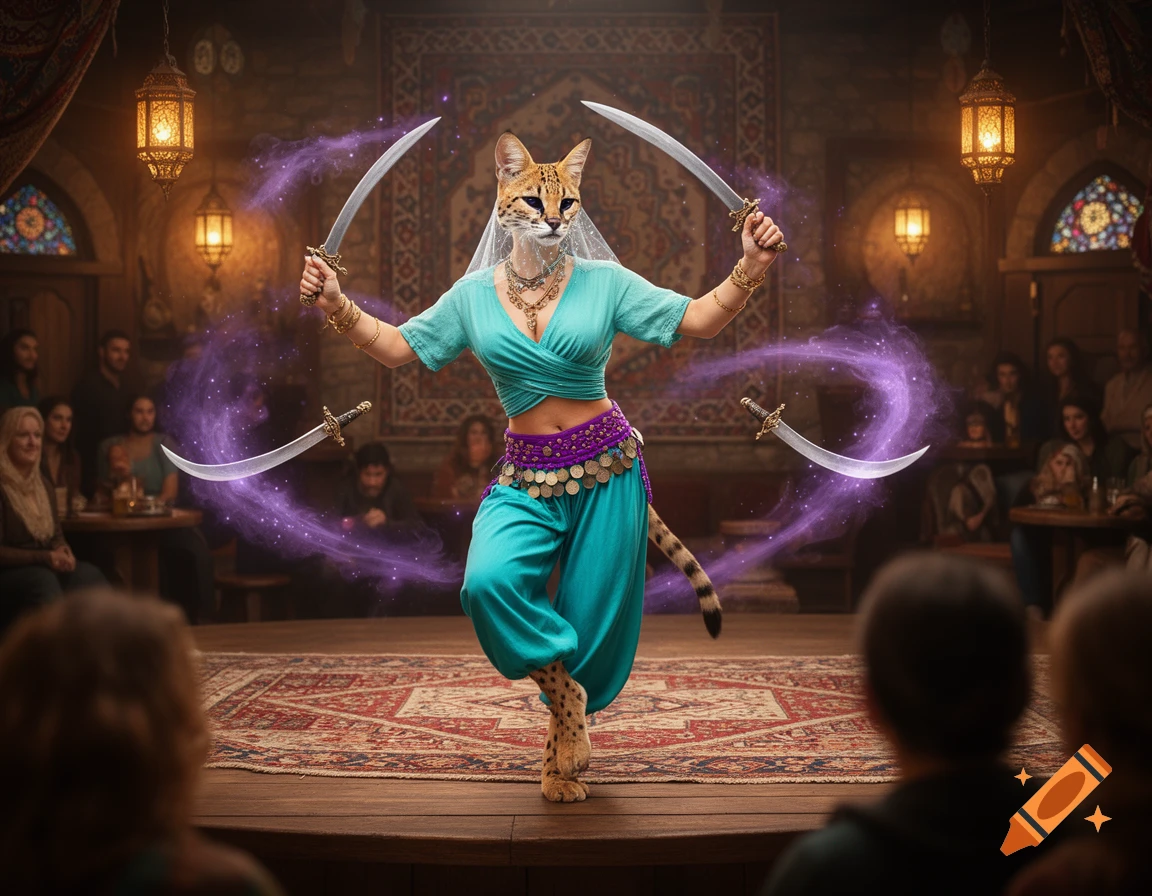 A serval cat-woman in Middle Eastern attire dances with scimitars on a stage in a fantasy tavern, magical purple vapor surrounds floating swords.
