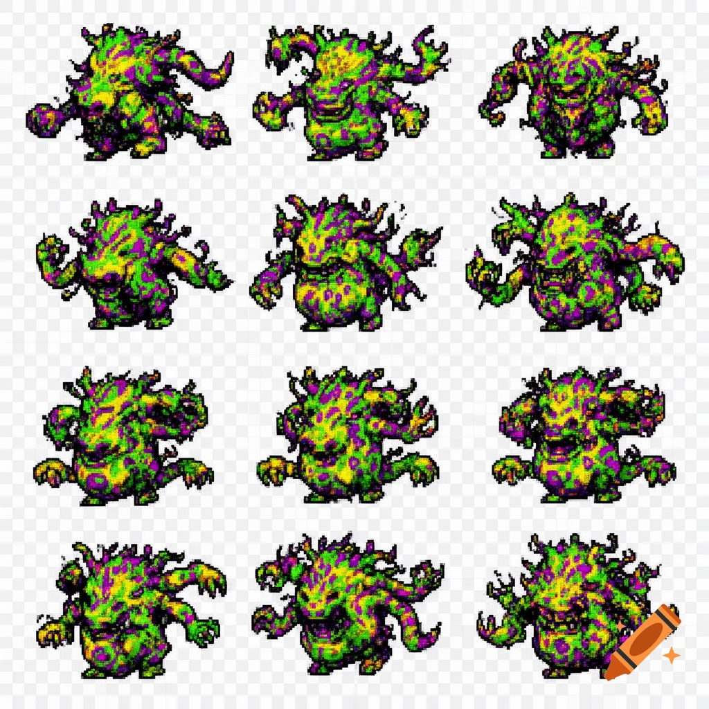 A grid of 12 pixel art monsters with green and purple bodies and spiky, tentacle-like features on a transparent background.