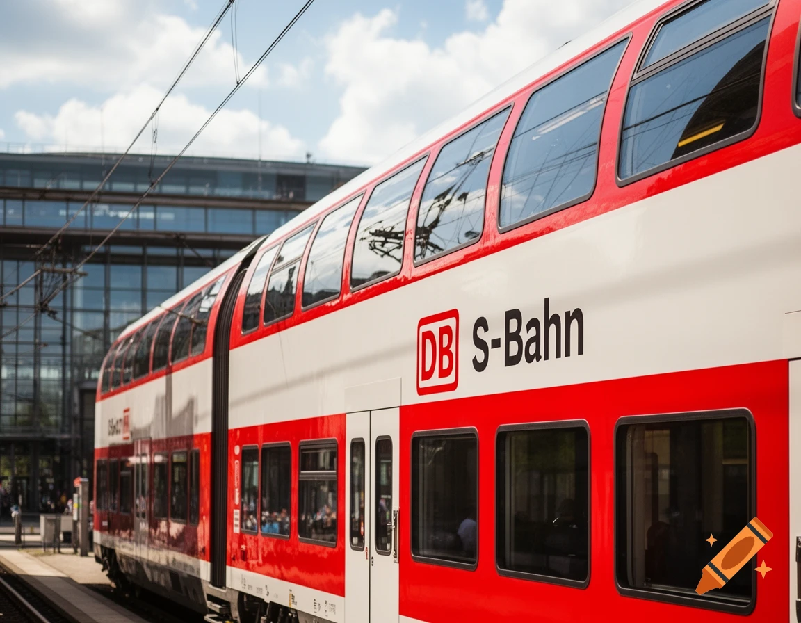A red and white double-deck S-Bahn train with 'DB s-Bahn' written on its side, stopped at a station under a bright sky.