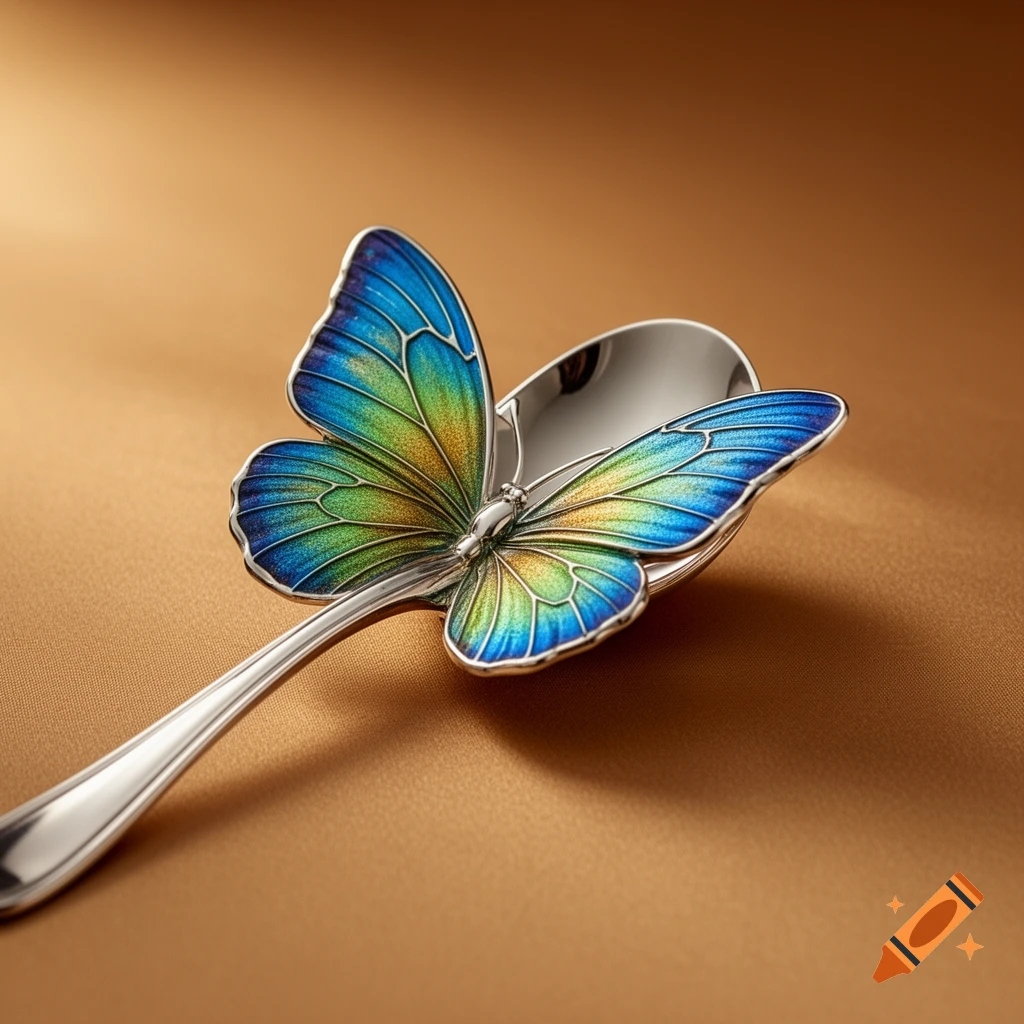 A close-up of a silver spoon featuring a vibrant blue, green, and yellow enamel butterfly, resting on a brown surface.