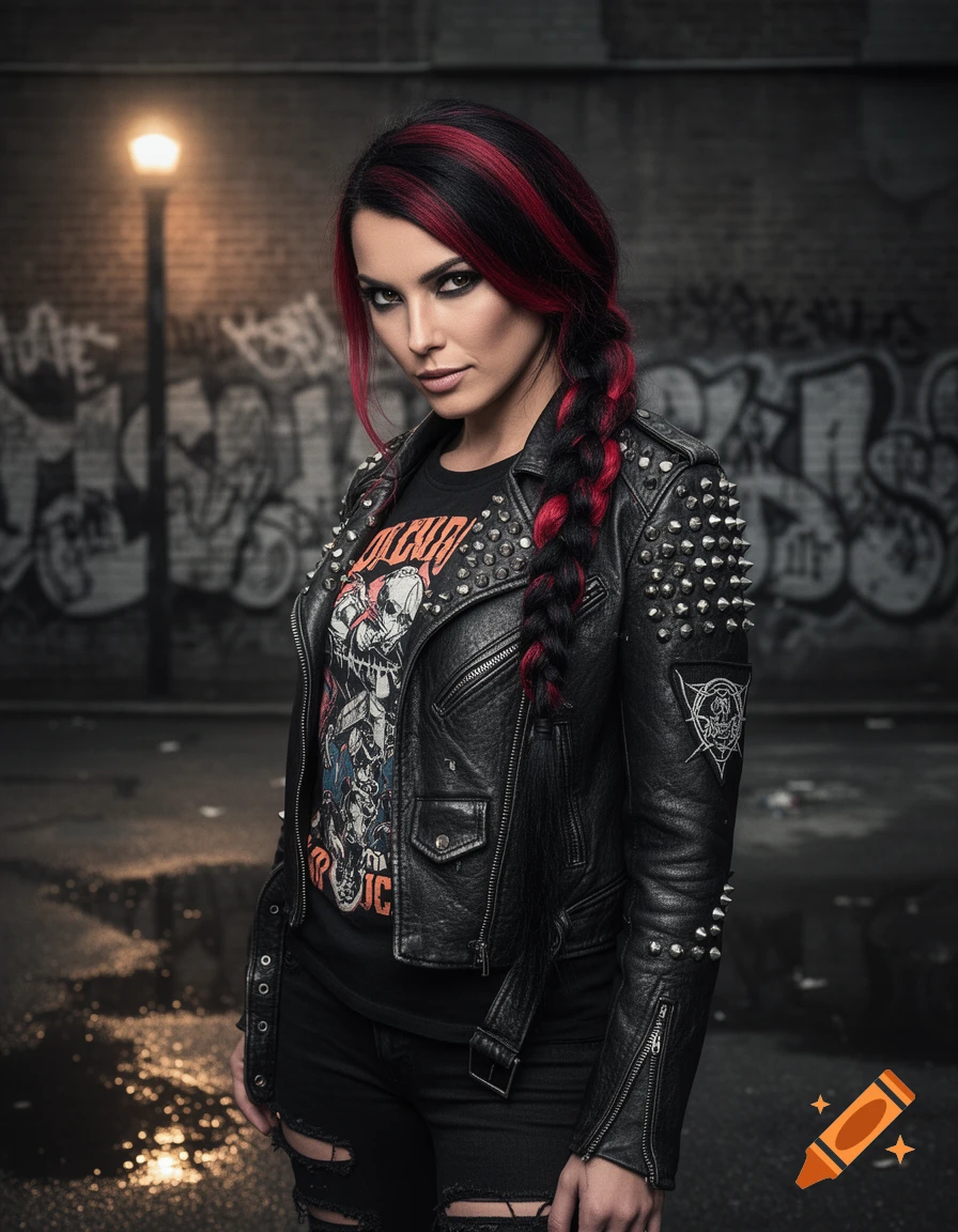 A woman with red and black braided hair, wearing a studded leather jacket, graphic t-shirt, and ripped jeans, in an urban setting.