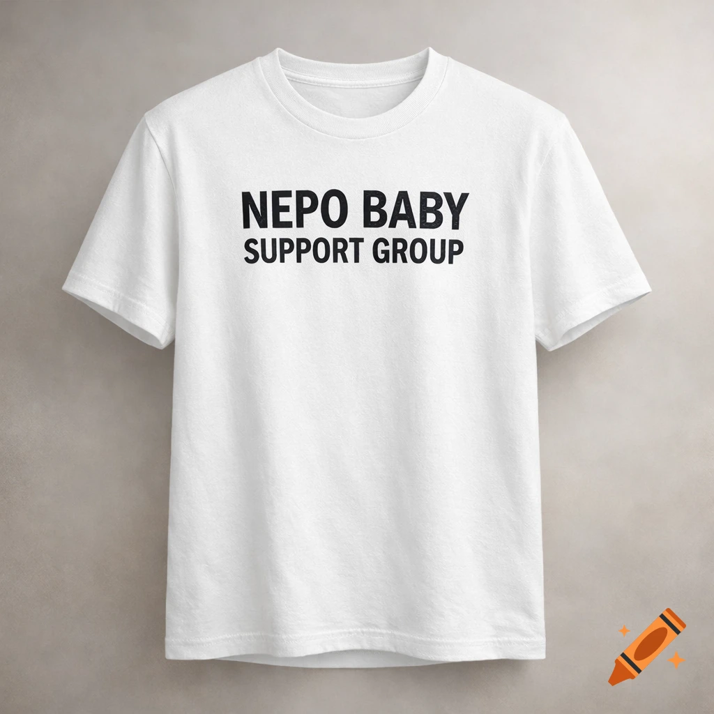 White t-shirt with 'NEPO BABY SUPPORT GROUP' printed in black capital letters.