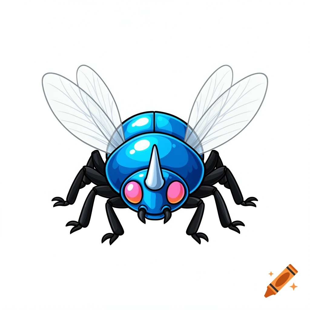 Cartoon blue beetle creature with a horn, orange-pink eyes, two pairs of wings, and six black legs, on white.