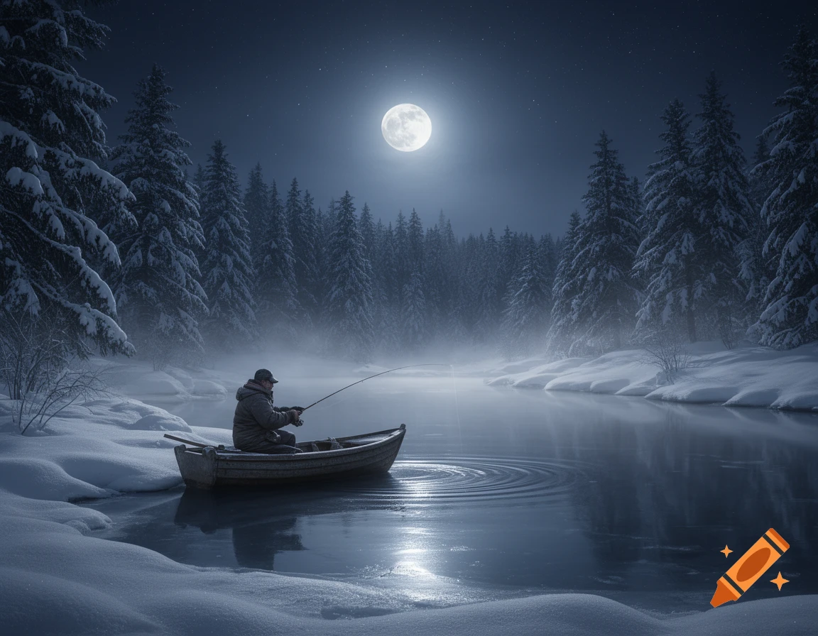 Photorealistic image of an angler fishing from a small boat on a moonlit lake in a snowy winter forest at night.