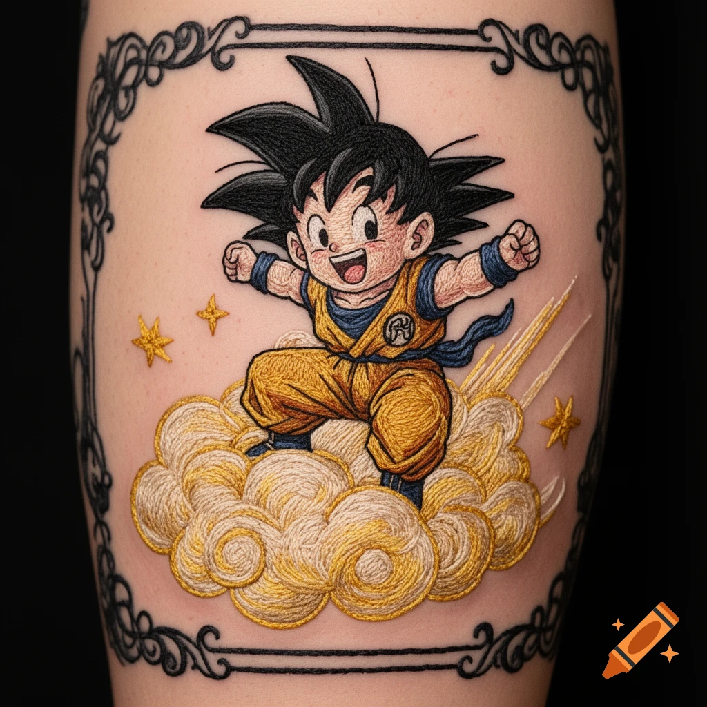 An embroidered tattoo of young Goku from Dragon Ball riding on a golden flying nimbus cloud, framed by ornate black scrollwork.