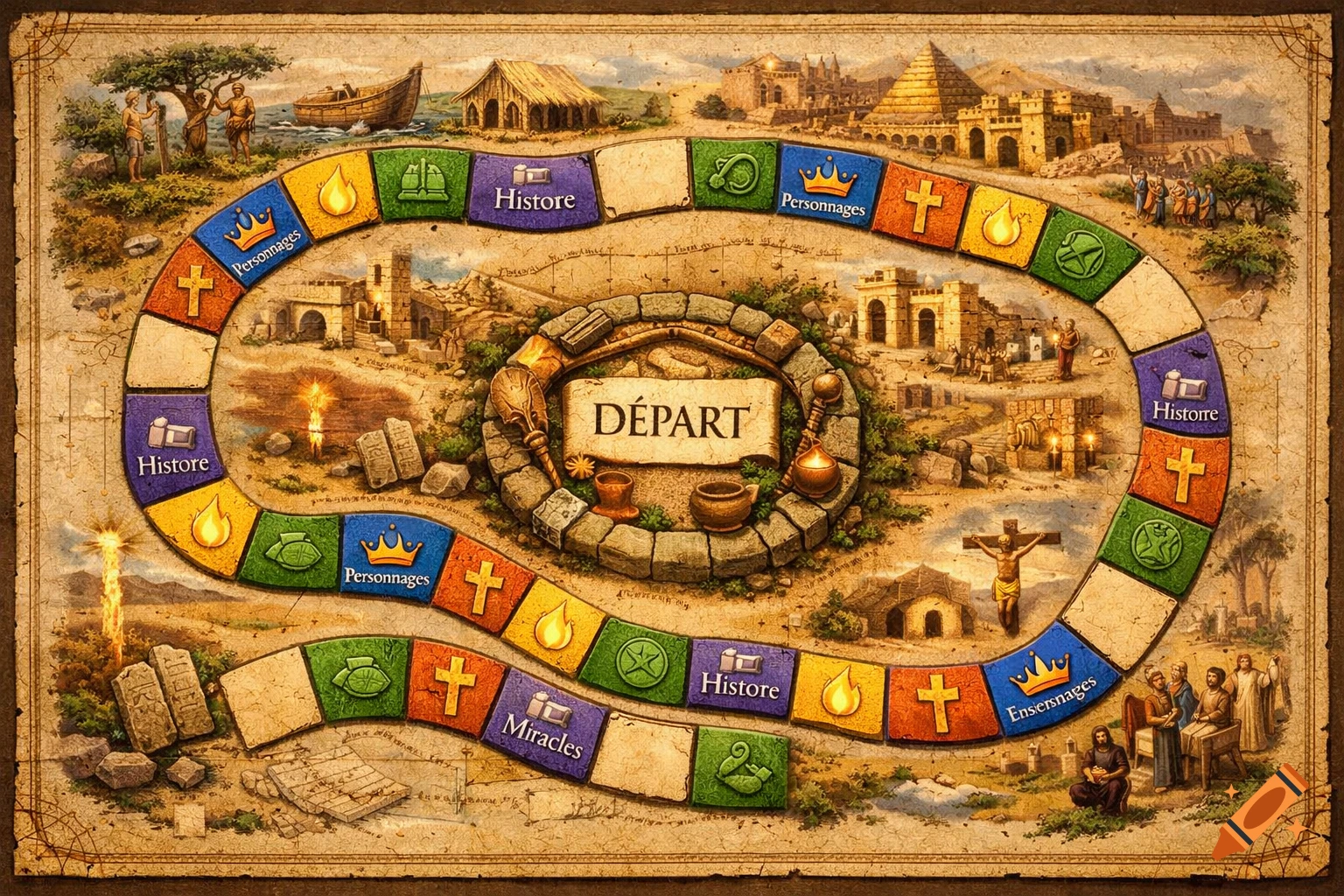 An antique-style biblical board game titled 'DÉPART' with a winding path featuring themed squares like 'Histoire', 'Personnages', and 'Miracles', set against a landscape depicting scenes from the Bible, including a crucifixion.