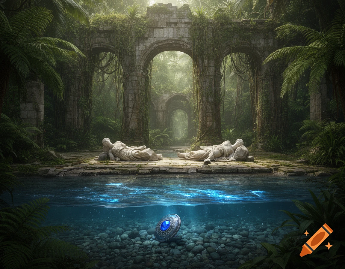 Ancient stone ruins covered in vines stand amidst a lush jungle. Two reclining statues lie by a river with a glowing sapphire shield underwater.