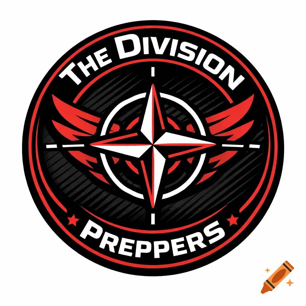 A circular black and red logo with 'THE DIVISION' at the top and 'PREPPERS' at the bottom, centered by a white compass star with red wings.
