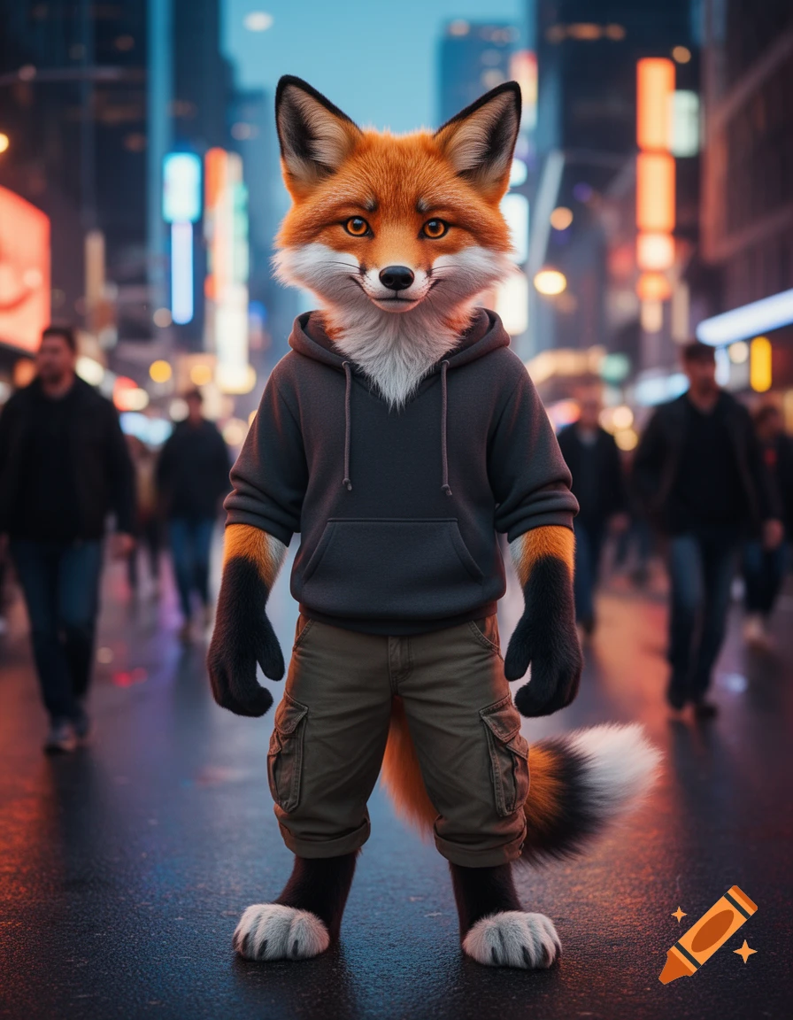 A photorealistic anthropomorphic fox wearing a dark hoodie and cargo pants stands in a neon-lit city street at night.