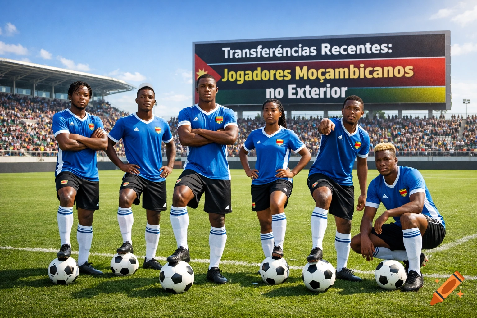 Six photorealistic soccer players pose with soccer balls on a grass field in a stadium, with a scoreboard in the background.