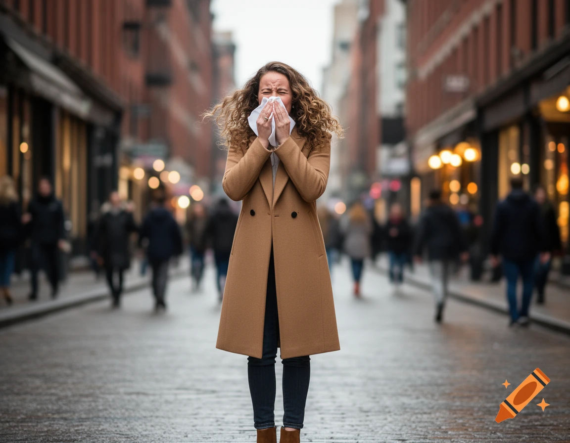 A photorealistic image of a woman sneezing into a tissue on a busy city street.