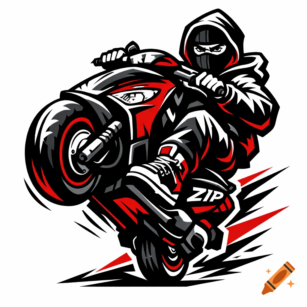 Streetwear logo of a masked rider on a red and black Piaggio Zip scooter doing a wheelie, vector design with bold outlines.