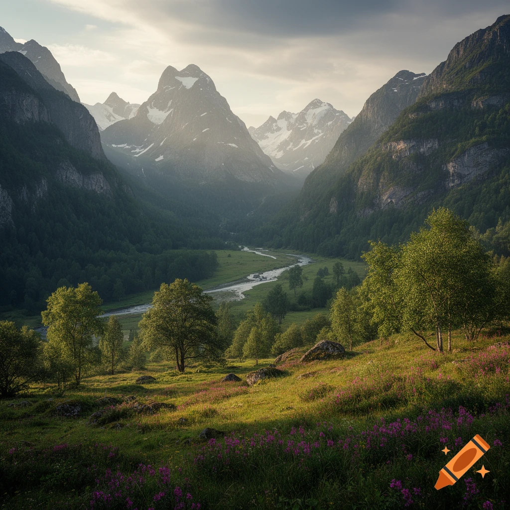 A photorealistic image of a lush green mountain valley with a winding ...