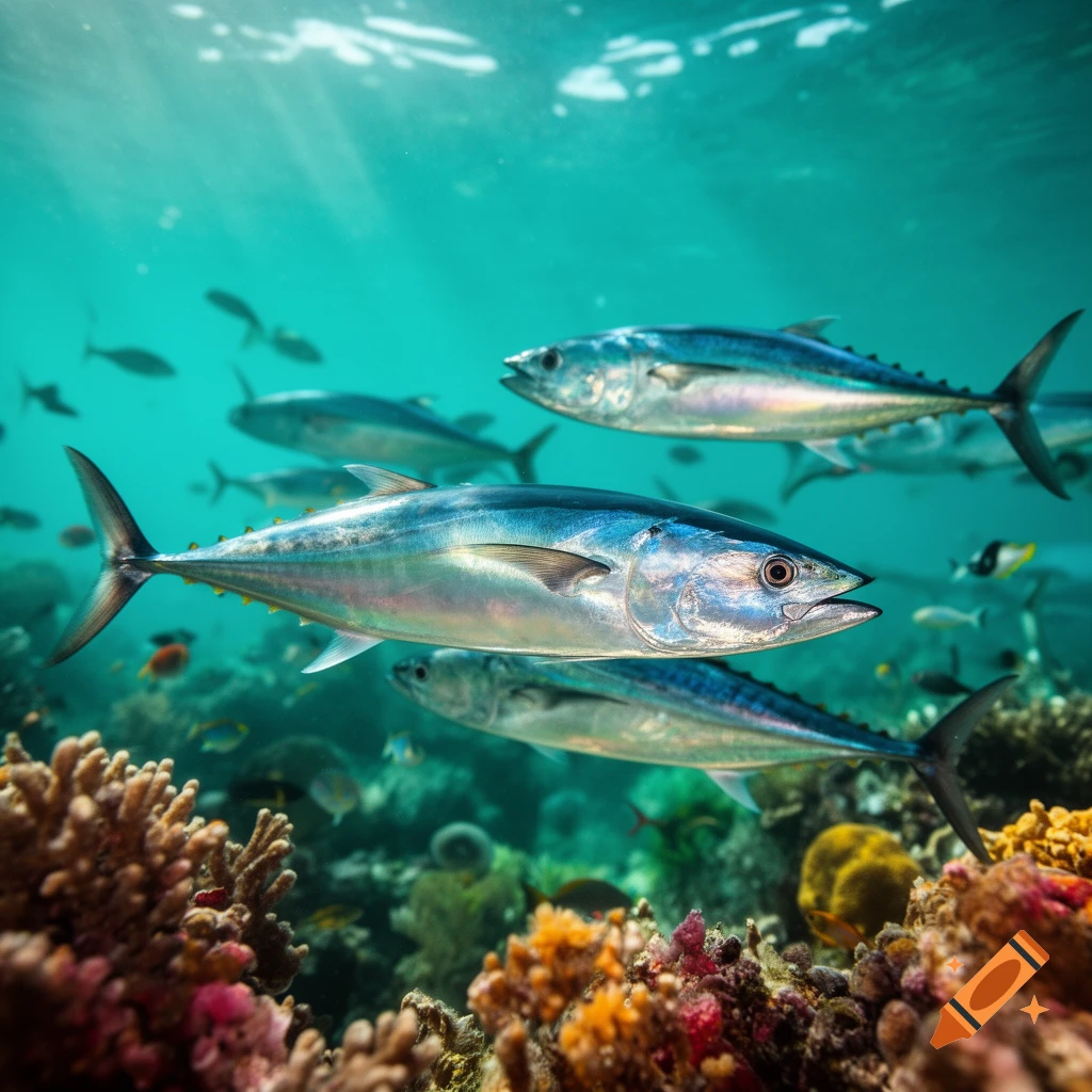 Photorealistic image of several fish swimming above a vibrant coral reef in clear blue ocean water with sun rays filtering through.