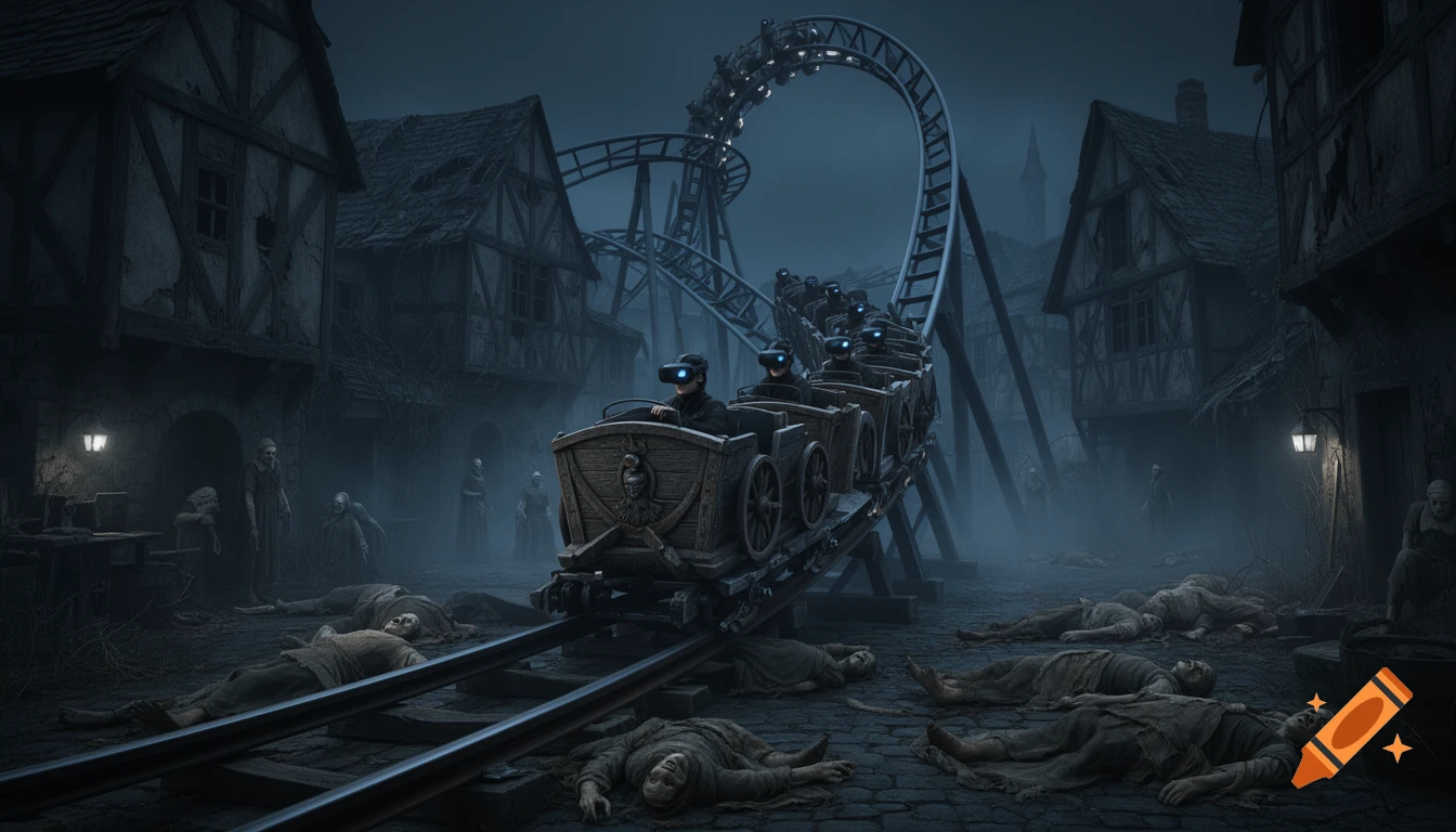 A dark, foggy roller coaster with VR-wearing passengers in a plague-themed village with dead bodies on the ground.
