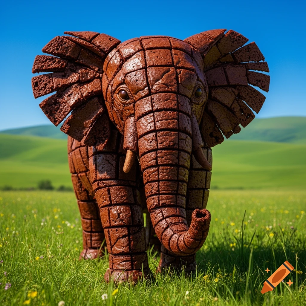A surreal elephant sculpture made of dark chocolate brownies stands in a vibrant green meadow under a clear blue sky.
