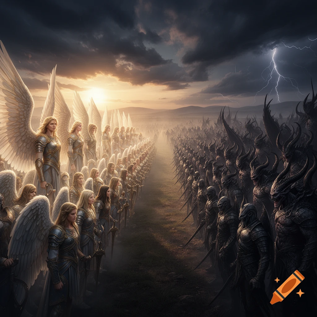 Two armies, one of angels and one of horned demons, face each other on a field under a dramatic sky with lightning and sunset.