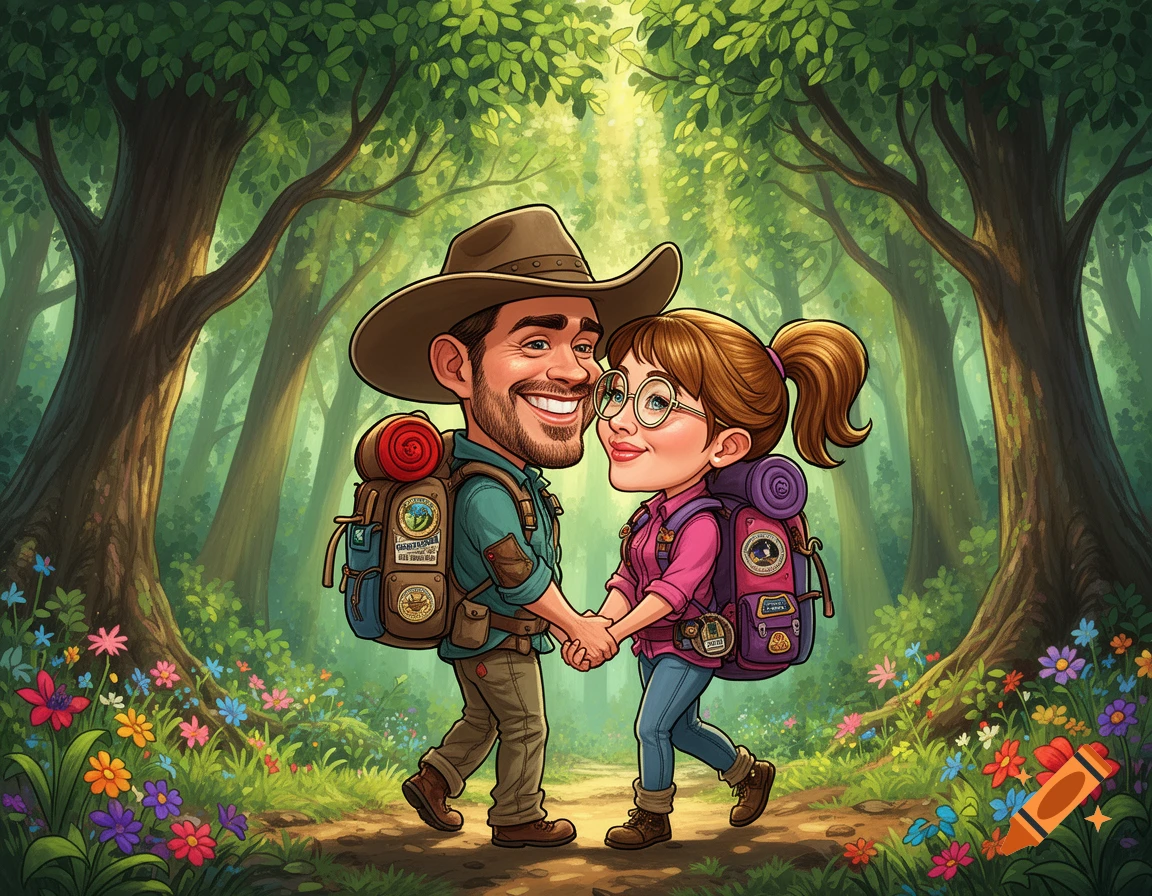 A smiling cartoon couple, a man and a woman with backpacks, holding hands while walking through a vibrant green forest path.