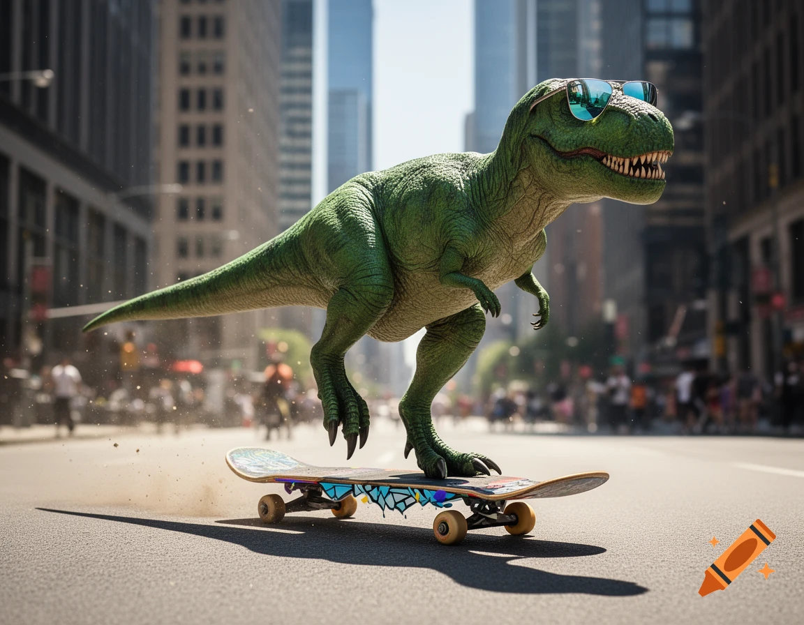 A green Tyrannosaurus Rex with blue sunglasses rides a skateboard down a city street, kicking up dust.