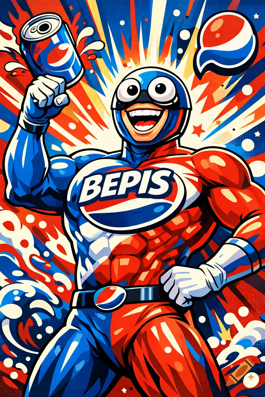 A muscular, smiling superhero in a red, white, and blue suit with 'BEPIS' on his chest, holding a soda can in a pop art style.