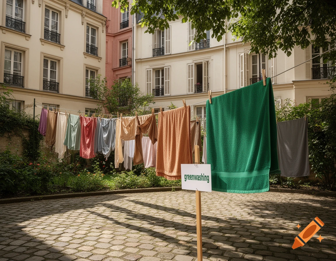 A paved courtyard with colorful laundry drying on lines between classic European buildings, with a sign reading "greenwashing" in the foreground.