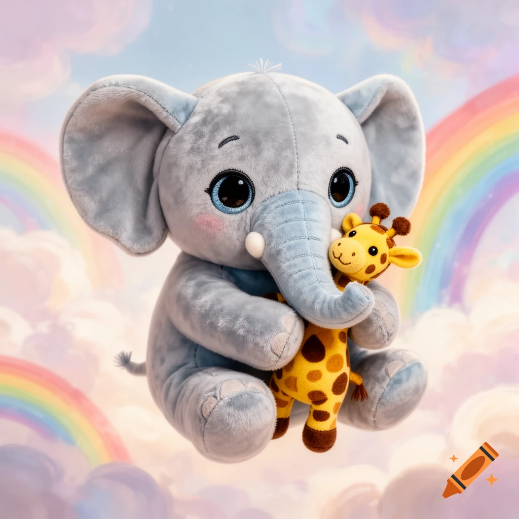 A cute gray stuffed elephant holding a small yellow spotted stuffed giraffe against a pastel sky with clouds and rainbows.