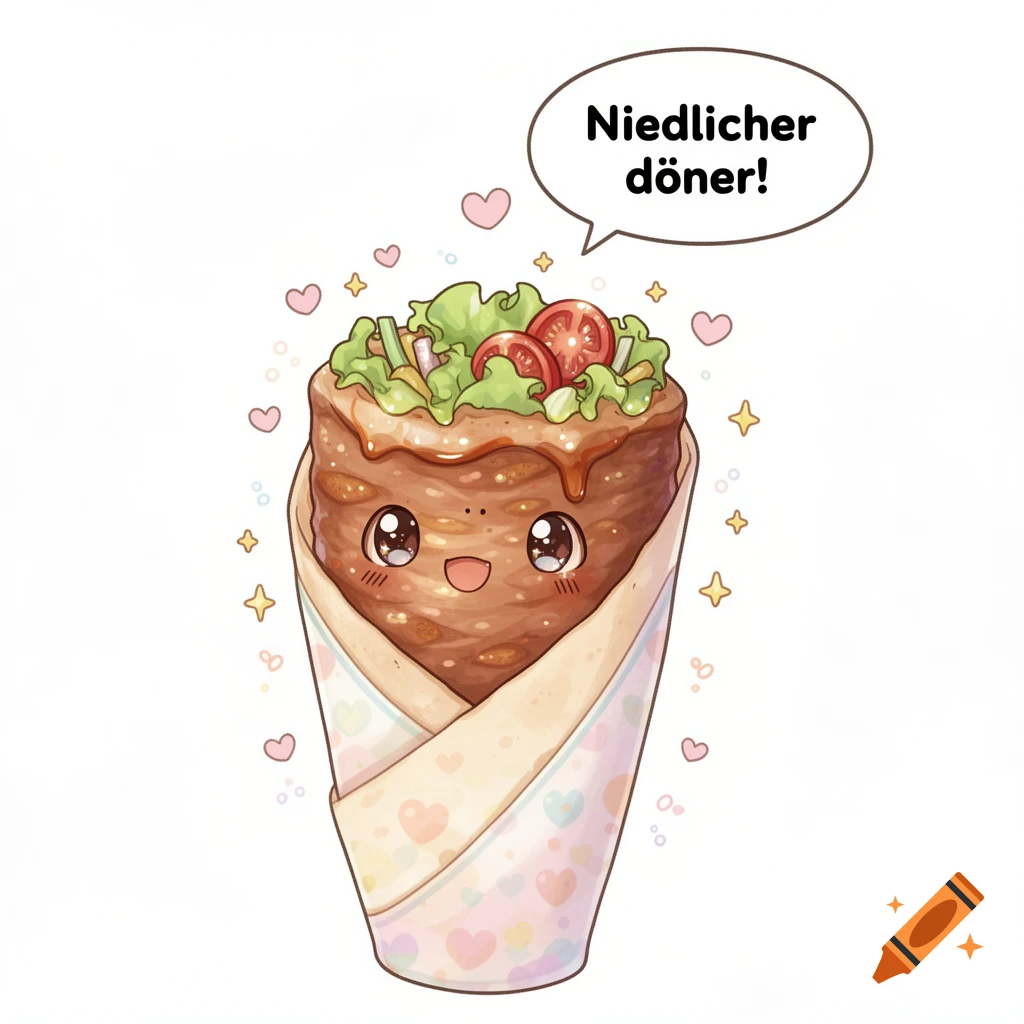A cute, smiling döner kebab with a speech bubble saying "Niedlicher döner!", wrapped in a heart-patterned tortilla, in kawaii cartoon style.