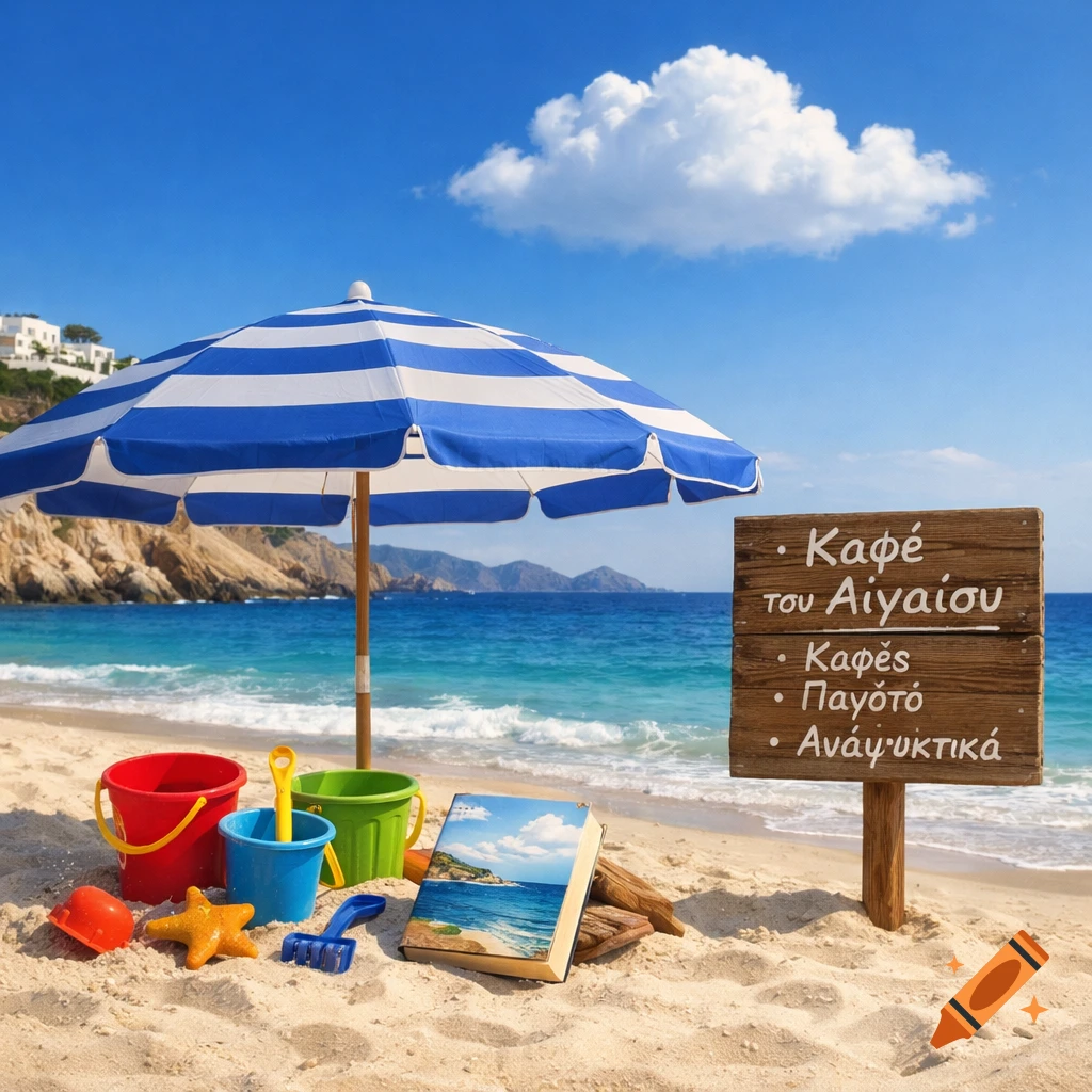 A sunny beach scene with a blue and white striped umbrella, colorful sand toys, a book, and a wooden sign with Greek text for a cafe menu.